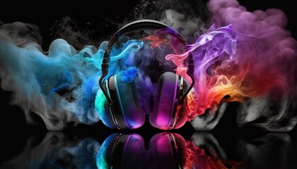 Big headphones with burning colorful smoke coming out from it. Generative Ai.