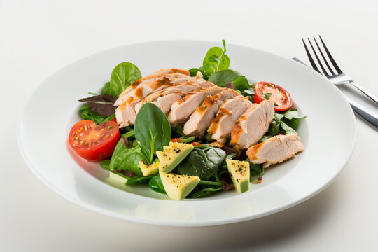 Salad with grilled chicken, avocado and cherry tomatoes on white background