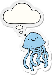 cartoon happy jellyfish and thought bubble as a printed sticker