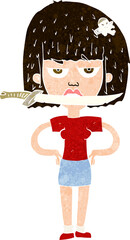 cartoon woman with knife between teeth