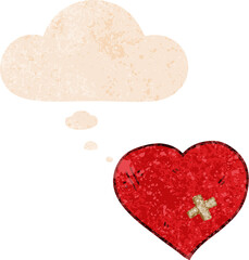 cartoon love heart with sticking plaster and thought bubble in retro textured style