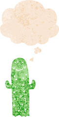 cartoon cactus and thought bubble in retro textured style