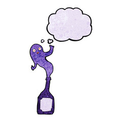 cartoon ghost in bottle with thought bubble