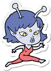 sticker of a pretty cartoon alien girl running