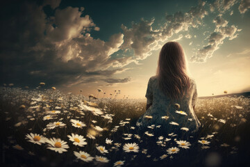Fototapeta premium a young woman sits in the field among flowers and looks at the sunrise. Generative AI