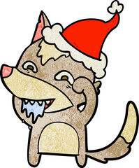 textured cartoon of a hungry wolf wearing santa hat