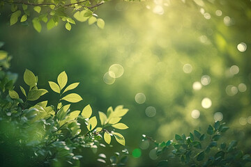fresh green tree leaves with soft bokeh. spring. Generative Ai