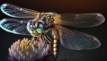 A computer generated illustration of an dragonfly on a branch. Generative Ai.