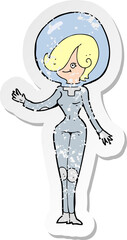 retro distressed sticker of a cartoon space woman