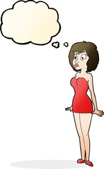 cartoon surprised woman in short dress with thought bubble