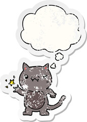 cartoon cat scratching and thought bubble as a distressed worn sticker