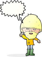 cartoon hippie man in wellington boots with speech bubble