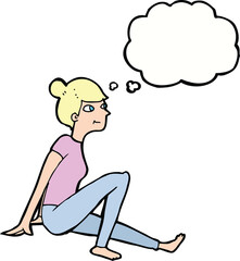 cartoon woman sitting with thought bubble