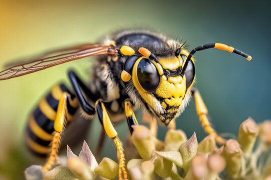 Wasp close-up on a flower. Portrait of a field wasp. Insect on a flower with a blurry background. generative AI