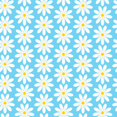 Seamless pattern of hand drawn retro style daisy flowers. Cheerful fresh background design for springtime, mother’s day, Easter, wedding celebration, scrapbooking, nursery decor, home decor.