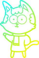 cold gradient line drawing happy cartoon cat in winter clothes