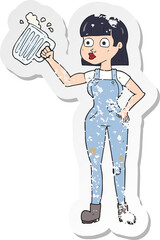 retro distressed sticker of a cartoon woman with beer