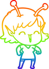 rainbow gradient line drawing cartoon alien girl laughing