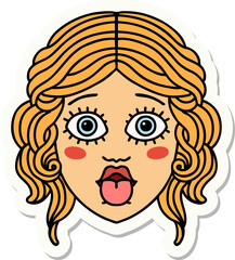 tattoo style sticker of female face sticking out tongue