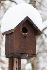 Wooden birdhouse with snow on roof, close up