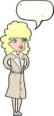 cartoon woman in trench coat with speech bubble