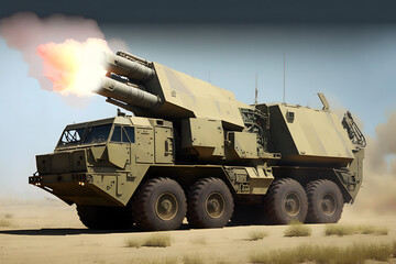 Heavy Mobile rocket artillery system or Air defense military truck launches rockets. Himars Illustration