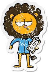 distressed sticker of a cartoon bored lion manager