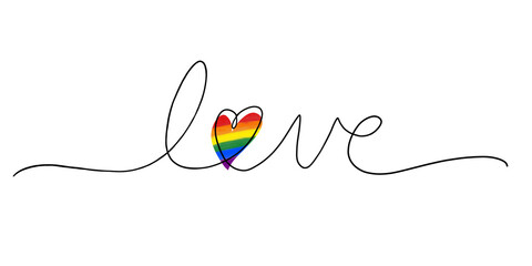 Hand written LOVE word continuous thin black line script and a rainbow heart. LGBTQ concept 