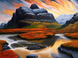 landscape impasto oil painting of scottish highlands and river at sunrise, generative art