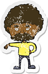 retro distressed sticker of a cartoon man with mustache making camp gesture