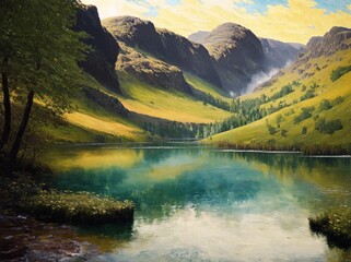 landscape tempera oil painting of lake district during summer, generative art
