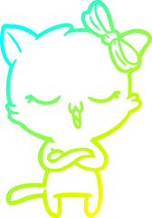 cold gradient line drawing cartoon cat with bow on head