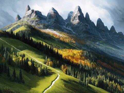 impasto tempera landscape painting of alpine forest and mountains, generative art