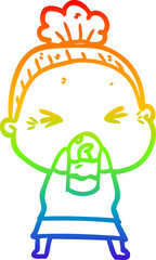 rainbow gradient line drawing cartoon angry old woman