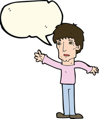 cartoon worried man reaching out with thought bubble
