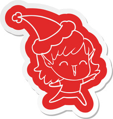 cartoon  sticker of a elf girl wearing santa hat