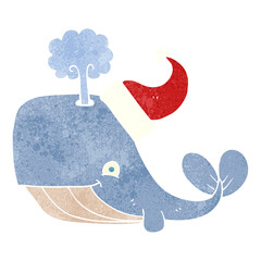 retro cartoon whale wearing christmas hat