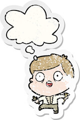 cartoon man hunting vampires and thought bubble as a distressed worn sticker