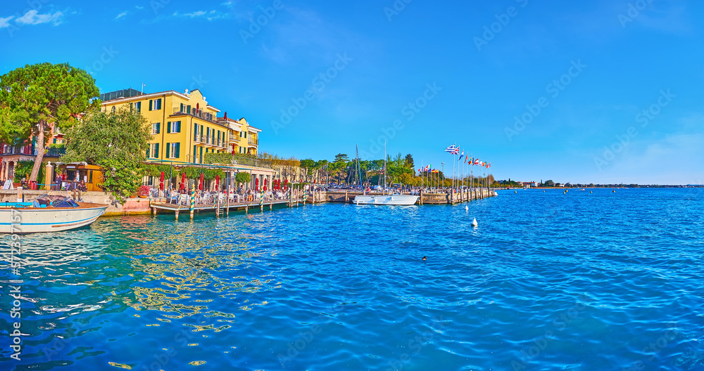 Poster Panorama of Sirmione and Lake Garda from ferry pier, Italy