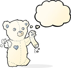 cartoon teddy polar bear with torn arm with thought bubble