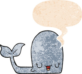 cartoon happy whale and speech bubble in retro textured style