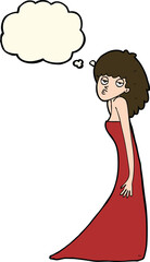 cartoon woman pulling photo face with thought bubble