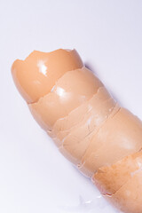 Chicken egg shells isolated on a white background. Close-up of eggshells waste from cooking and baking.