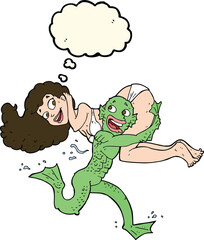 cartoon swamp monster carrying girl in bikini with thought bubble