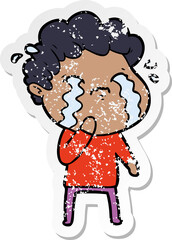 distressed sticker of a cartoon man crying