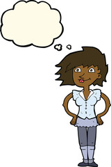 cartoon woman with hands on hips with thought bubble