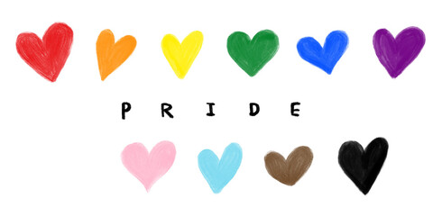 Hand drawn multicolor set of hearts LGBTQ concept with a hand written word PRIDE