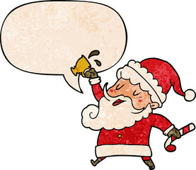 cartoon santa claus and hot cocoa and speech bubble in retro texture style