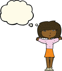 cartoon woman raising arms in air with thought bubble