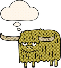 cartoon hairy cow and thought bubble in comic book style